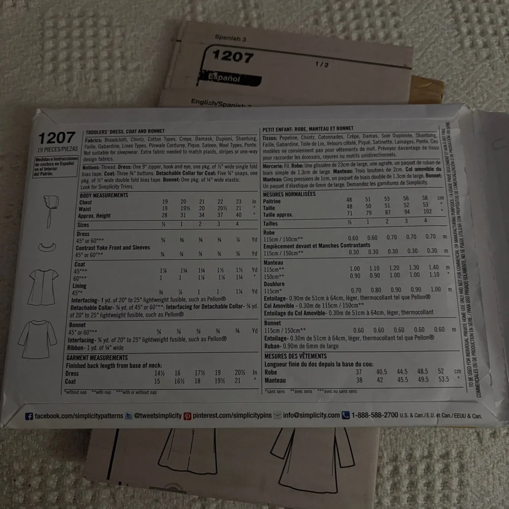 Simplicity Pattern 1207 A for Toddler’s Dress, Coat, and Bonnet